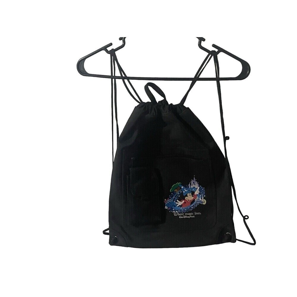 Walt Disney World Vintage Where Magic Lives Drawstring Black Backpack Cinch Bag